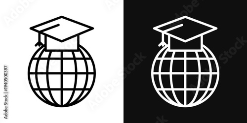 World university icons set in black and white thin line stroke