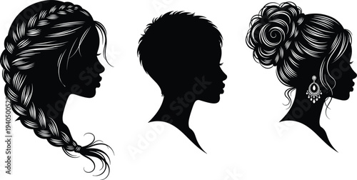 Elegant female silhouette hairstyles collection, braided hair, short pixie cut and messy bun with earring, beauty fashion vector illustration set