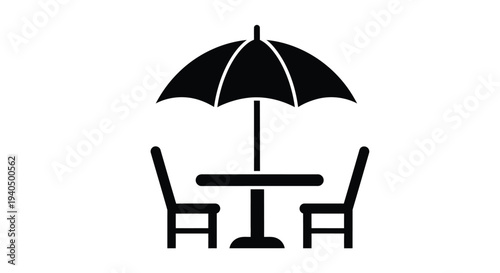 Outdoor cafe table and chairs beneath a parasol silhouette