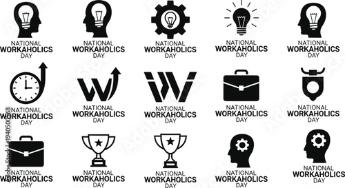 National Workaholics Day icon vector set featuring lightbulb, gear, clock, briefcase, trophy, shield, and productivity symbols