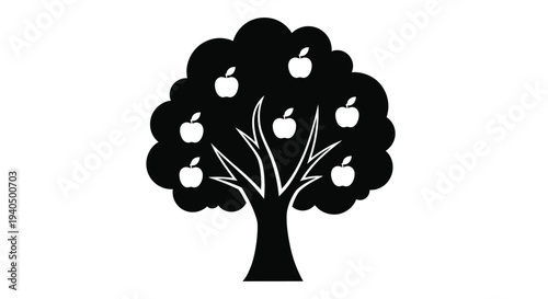 A black silhouette of an apple tree with ripe fruit silhouette