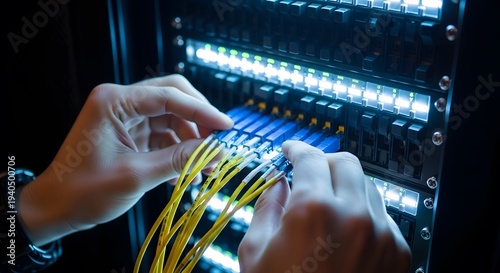 Technician connecting fiber optic cables in data center, network infrastructure