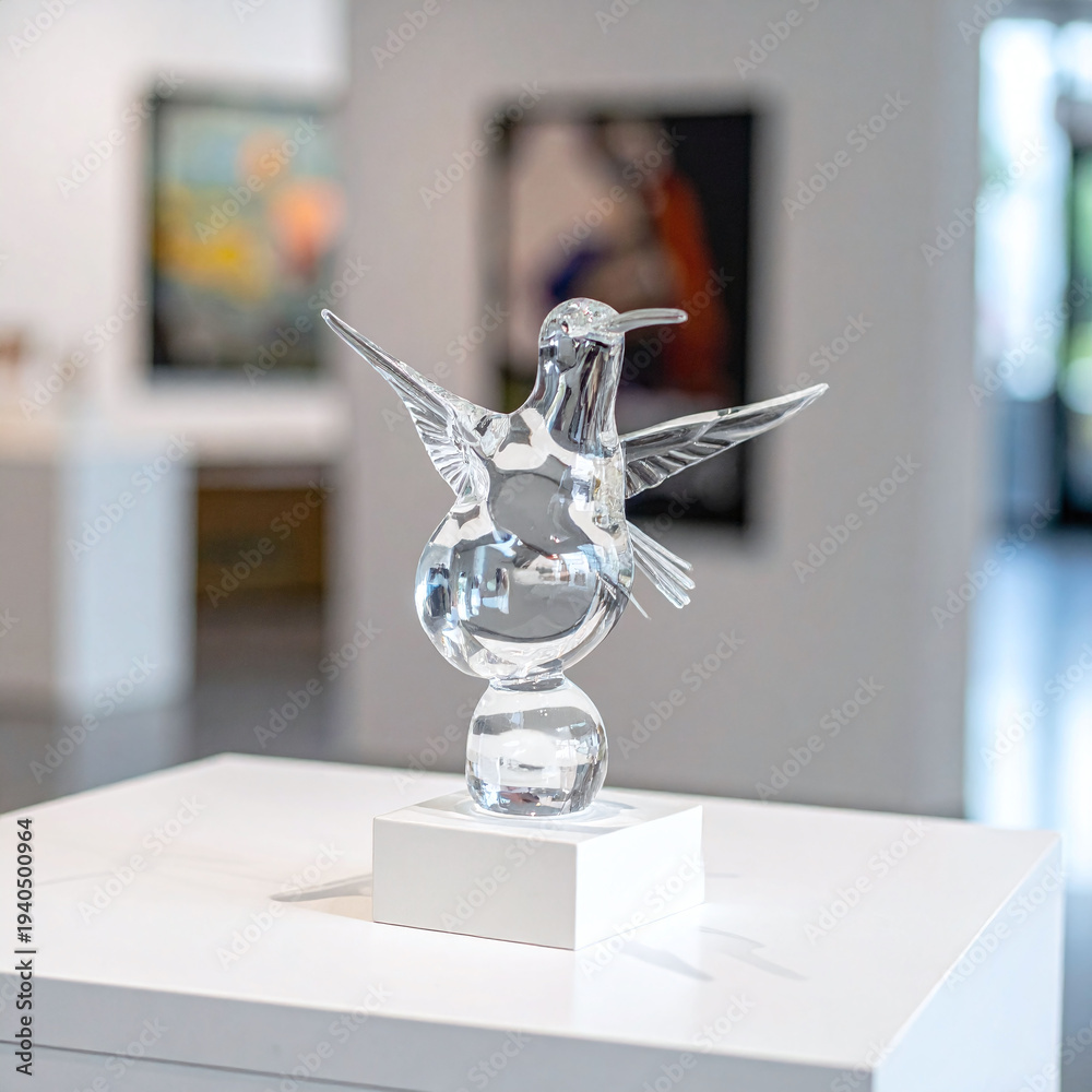 Naklejka premium Exquisite clear glass hummingbird sculpture on a pedestal in a modern gallery. Symbolizing grace and fragility, this artistic piece is perfect for luxury decor and creative concepts.