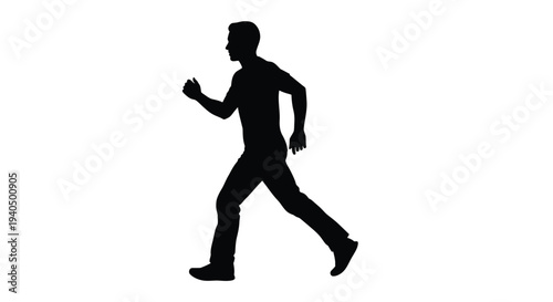 A man is captured mid stride in a dynamic walking pose silhouette