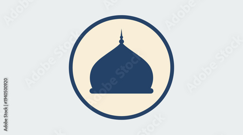 A large blue dome with a spire sits atop a circular beige background