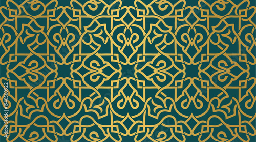 A vibrant gold pattern adorns a dark green background with intricate designs.