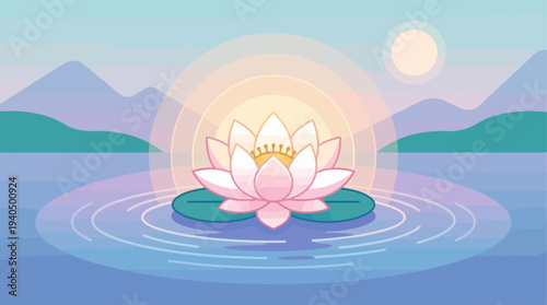 A serene lotus flower blooms peacefully on tranquil water with mountains.
