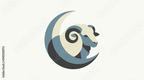 A serene moonlit night with a majestic ram standing on a crescent moon