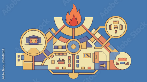 Infographic illustration of industrial process flowchart with machinery icons and flame symbol in circular diagram