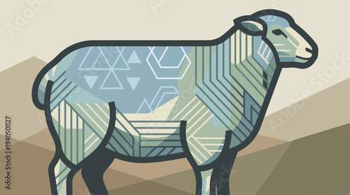 Geometric patterns adorn a sheep standing in a landscape scene from a side view.