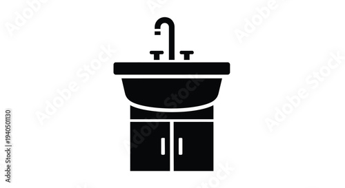 Modern bathroom sink with cabinet stark black outline silhouette