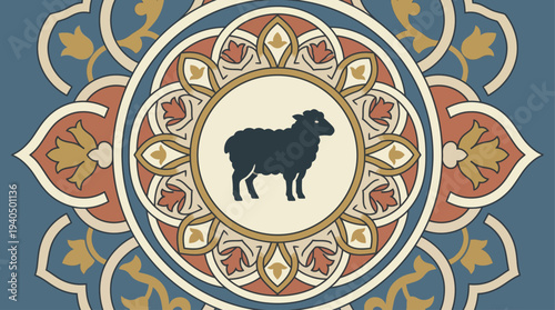 Ornate illustration featuring a sheep in a circular patterned design with floral and animal motifs
