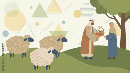 Illustration of biblical figures exchanging gifts under a tree with sheep grazing in a serene landscape viewpoint