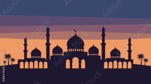Mosque silhouette at dusk with crescent moon, illustration, serene atmosphere, twilight, peaceful