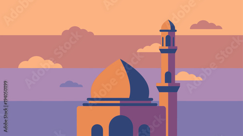 Serene mosque illustration at dusk with dome and minaret against a calm sea and sky