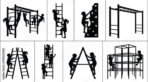 Children playground climbing activities silhouettes set kids playing on monkey bars ladders climbing wall jungle gym playground equipment vector