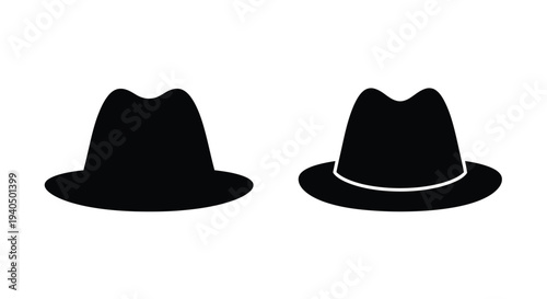 Two black fedora hats displayed against a white background silhouette