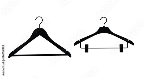 Two black clothing hangers displayed against a white background silhouette