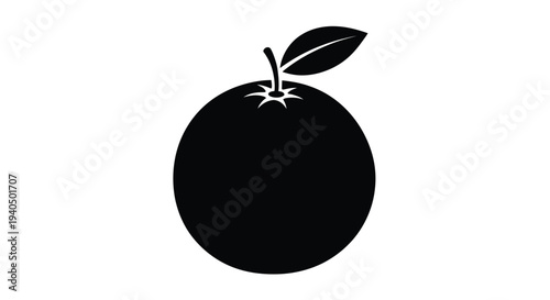 Simple graphic of a round fruit with a leaf black silhouette