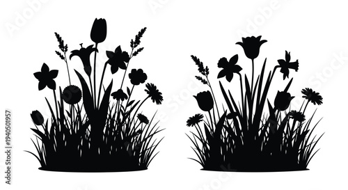 Two floral arrangements depicted in stark black a striking silhouette