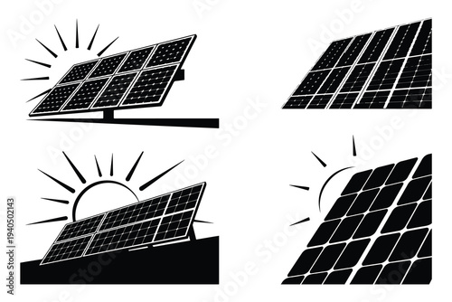 Solar panels with sunburst black and white renewable energy