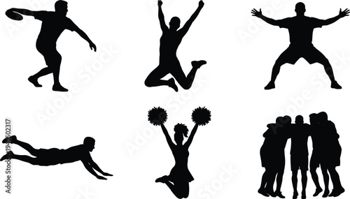 Sports player silhouette collection featuring jumping athlete cheerleader rugby throw diving player and team celebration black vector illustration set