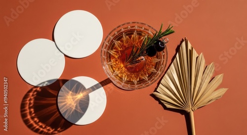 Craft cocktail with garnish, blank coasters and dried palm leaf, terracotta boho mockup concept