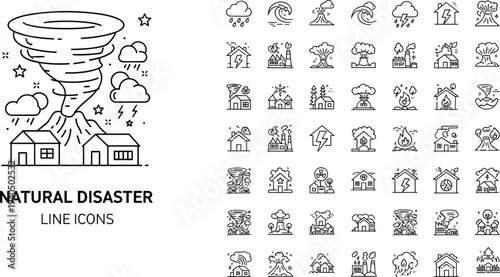 PrintNatural disaster line icons set featuring tornado, earthquake, flood, wildfire, tsunami, volcano, storm, lightning, emergency hazards, environmental disaster illustration