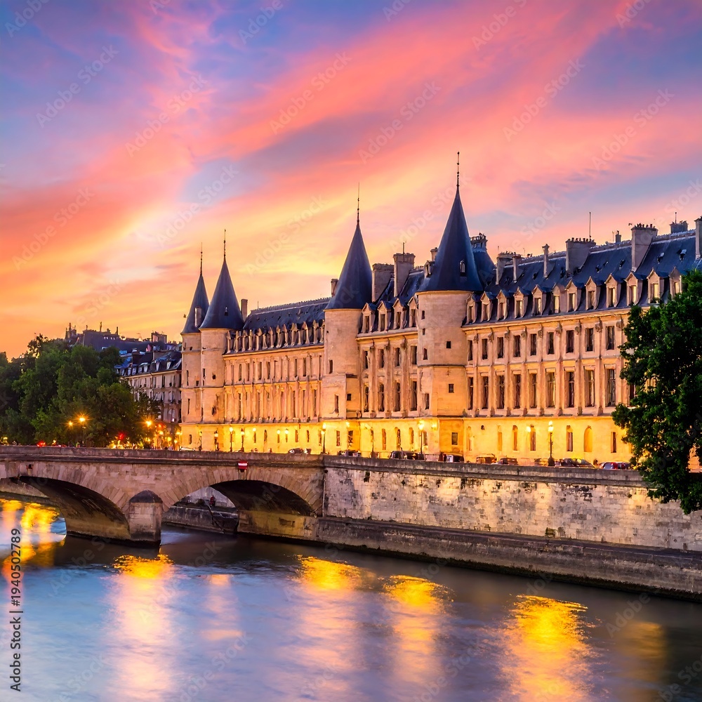 Naklejka premium Parisian Splendor - Conciergerie at Sunset on the Seine River.