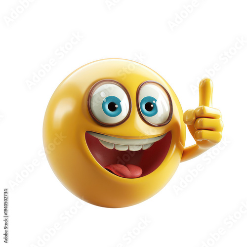 Smiling yellow emoji with index finger pointing up isolated on a transparent background
