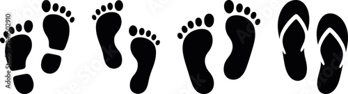 footprint and flip flop sandal silhouette icon set vector, beach walk step track symbol collection summer travel theme, human foot mark graphic elements pack