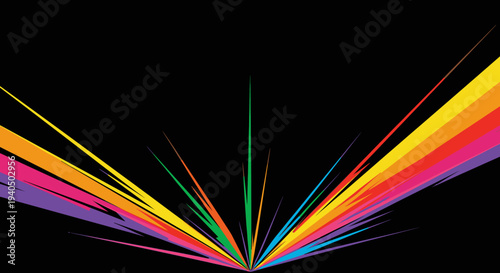 Abstract explosion of rainbow colors radiating from a central point against a black background, vibrant energy burst