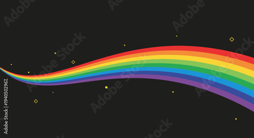 Colorful rainbow wave with sparkles on a dark background, abstract graphic design, vibrant spectrum of colors