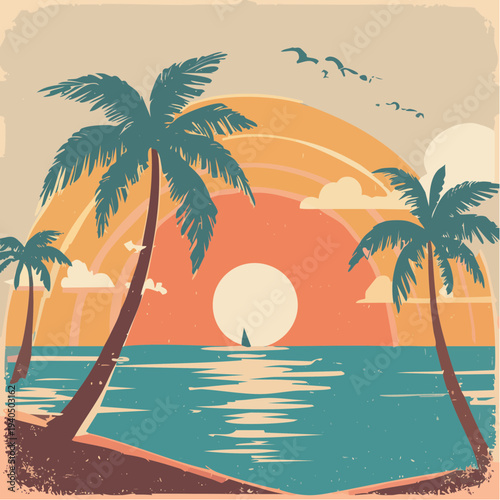 Retro tropical beach sunset illustration with silhouetted palm trees, a vibrant layered sky, tranquil ocean reflections, and a distant sailboat, perfect for summer
