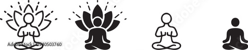 Set of meditation icons featuring people in lotus position symbolizing mindfulness and inner peace practices in various simple line art and silhouette styles.