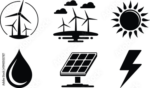 Black and white of renewable energy sources and symbols solar panel wind turbines water droplet
