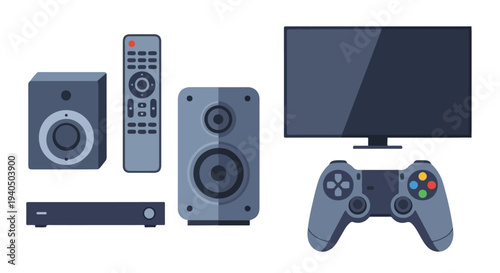 Flat lay illustration of a gaming console setup with controller, speakers, remote, and monitor on a white background.