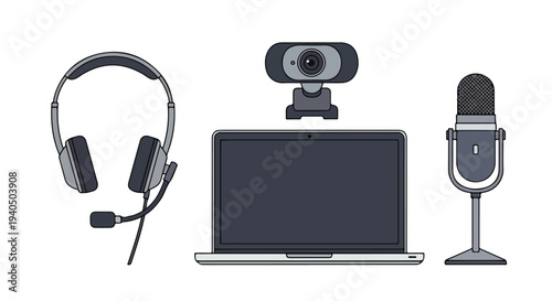 Flat lay of a laptop with a webcam, microphone, and headset on a plain white background.