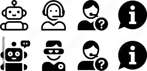 Collection of black and white chatbot and human icons with question marks