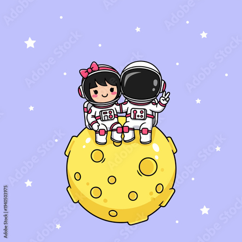 Two cartoon astronauts, a girl with a pink bow and a boy, sitting side-by-side on a yellow cratered moon in a purple cosmic sky with white stars. Flat vector illustration.