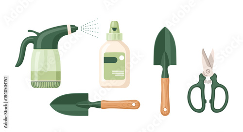 Flat lay illustration of gardening tools and supplies on a white background with a green and beige color palette.