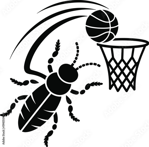 Black beetle jumping to dunk basketball into hoop insect dunking