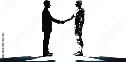 Business man and robot shaking hands silhouette, artificial intelligence partnership, future technology cooperation, corporate human machine collaboration, vector illustration isolated.