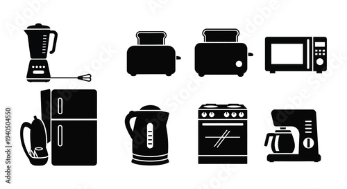 A collection of common kitchen appliances depicted in a minimalist black style silhouette high quality professional detailed modern elegant stylish clean