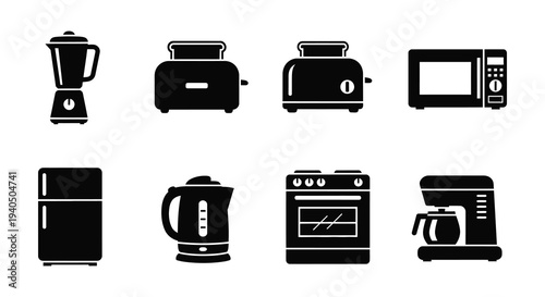 A collection of common kitchen appliances displayed in a minimalist black silhouette style high quality professional detailed modern elegant stylish clean
