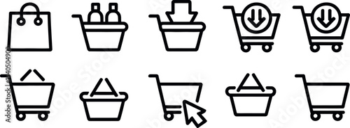 E commerce shopping cart and bag icons in a simple line style