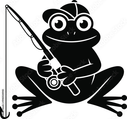 Black cartoon frog wearing cap holding fishing rod white
