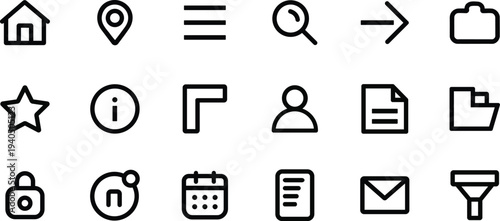 Collection of thin line user interface icons representing various digital functions and services on a white background