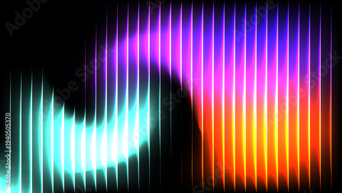 Abstract Futuristic Glass Neon Gradient Glow Wave with Vertical Light Stripes, Colorful Technology Background