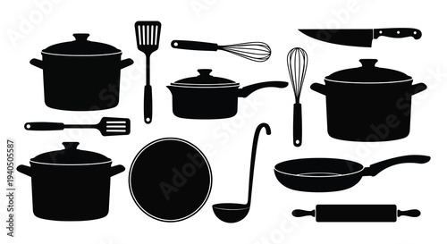 A collection of black kitchen utensils and cookware displayed against a white background forming a stark silhouette high quality professional detailed